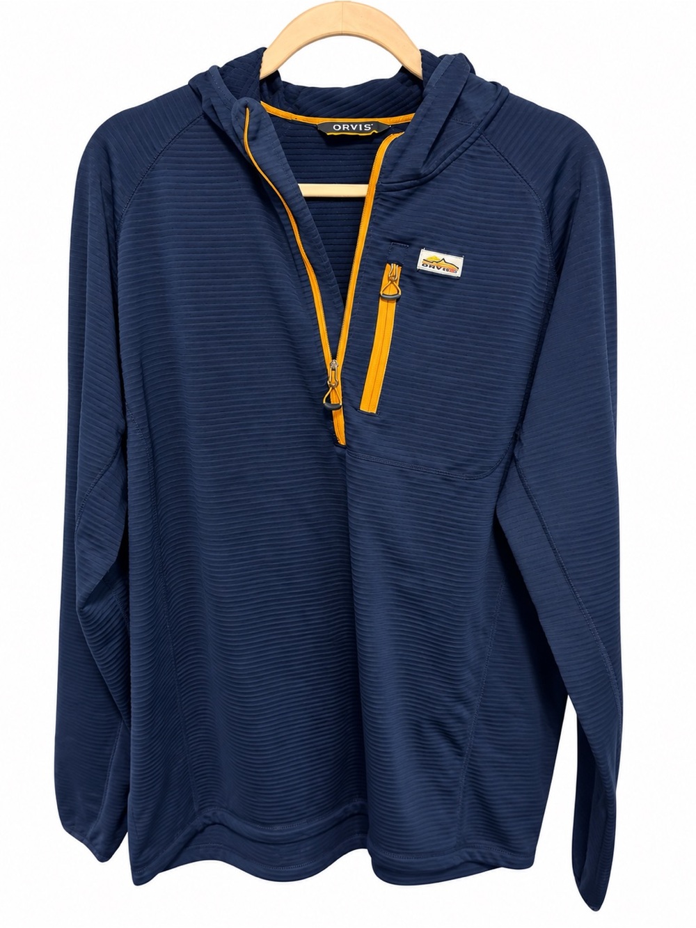 Orvis Men’s Navy Half-Zip Hooded Pullover with Yellow Trim